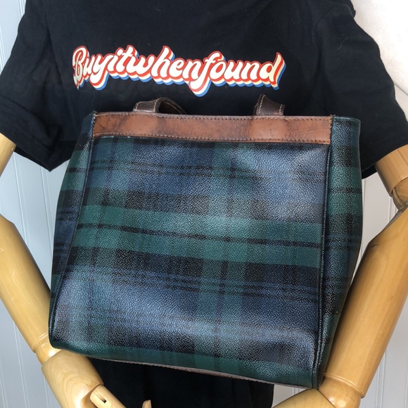 W RALPH LAUREN Black Watch Plaid Coated Canvas & Leather Shoulder Tote Bag - Picture 4 of 17